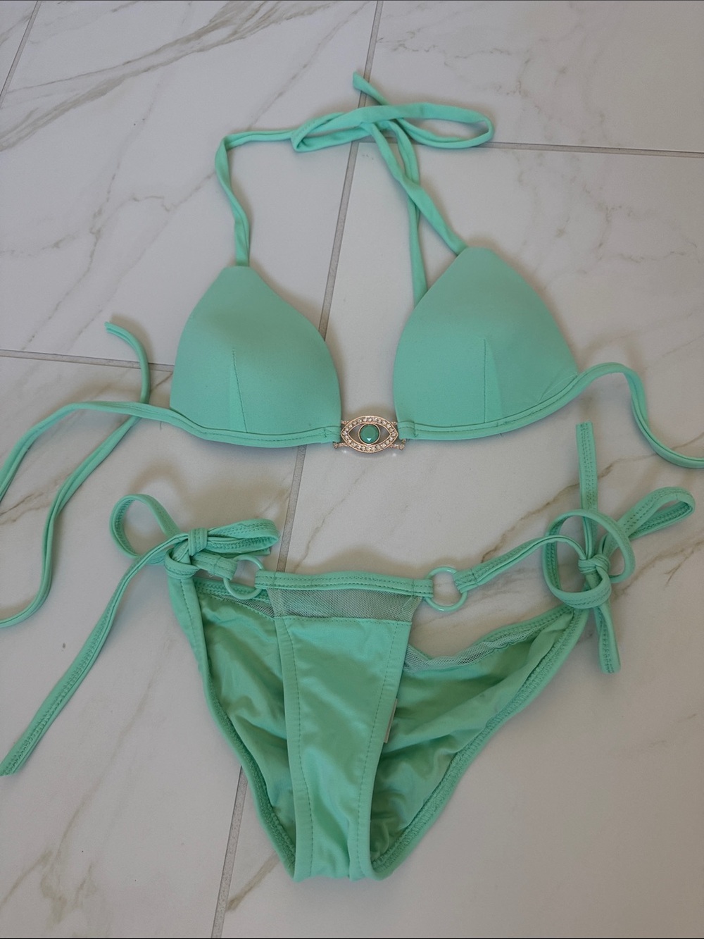 Mint Green Push-Up Triangle String Bikini Set with Center Accent
